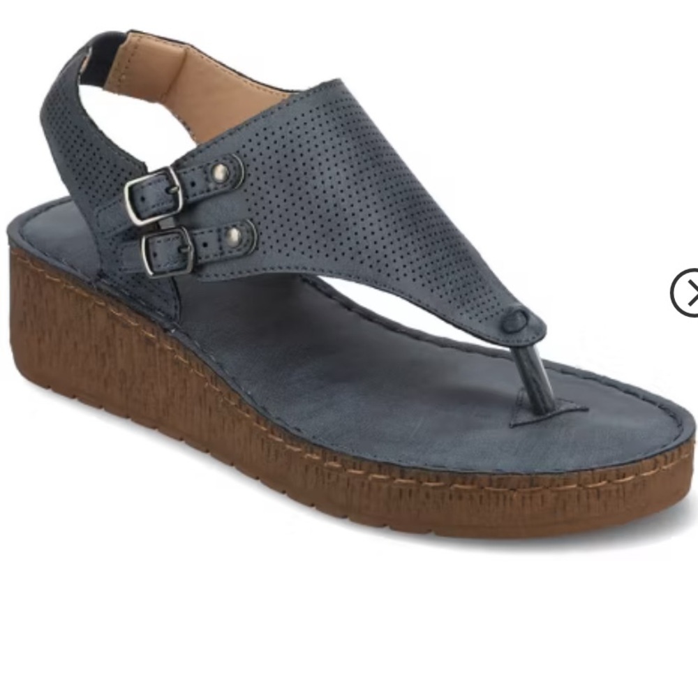 Gray and Brown Wedge Sandals with T-Strap Design - Picture 1 of 10